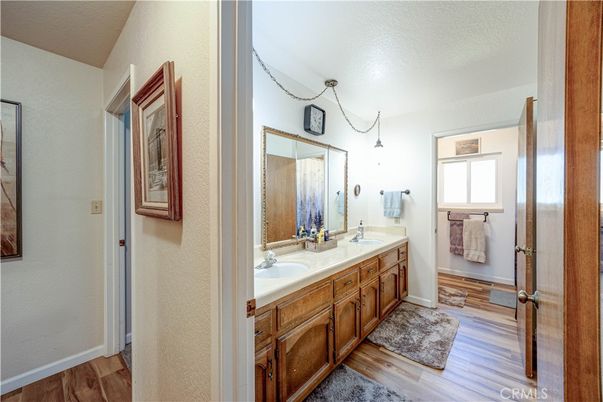 Bathroom, Dual Sink Vanities, Interior, Pendant Lights, Wood Texture Flooring