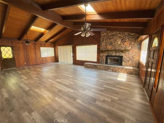 Empty room, Fireplace, Interior, Stone Walls, Wooden Beams, Wooden Ceilings, Wood Texture Flooring, Wooden Walls