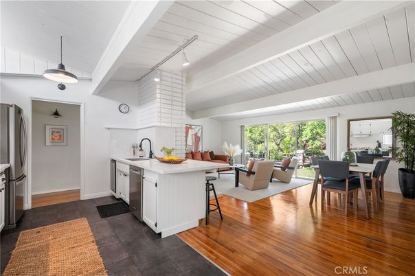 Dining room, Interior, Kitchen, Living room, Pendant Lights, Stainless Steel Appliances, Wood Texture Flooring