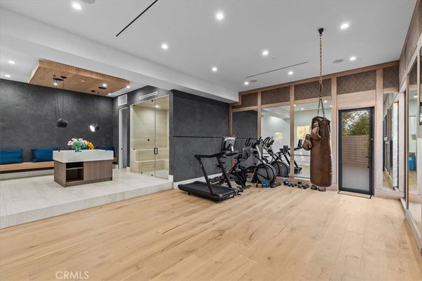 Fitness Equipment, Interior, Recessed Lighting, Wood Texture Flooring, Wooden Walls