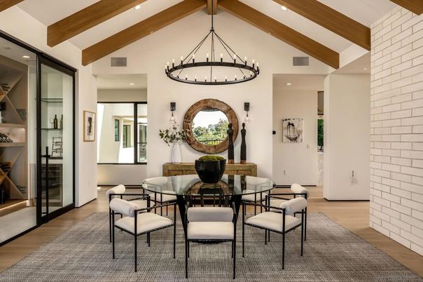 Chandelier, Dining room, Interior, Pendant Lights, Recessed Lighting, Stone Walls, Wooden Beams, Wood Texture Flooring