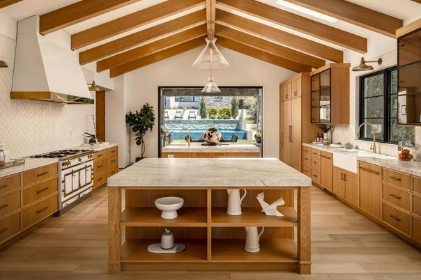 Interior, Kitchen, Pendant Lights, Stainless Steel Appliances, Wooden Beams, Wood Texture Flooring
