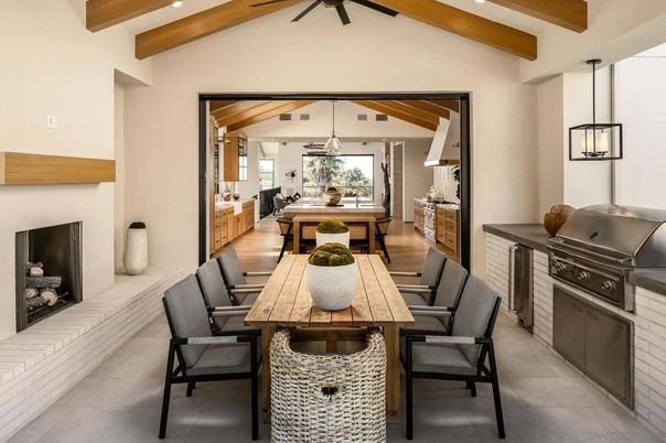 Dining room, Fireplace, Interior, Pendant Lights, Wooden Beams