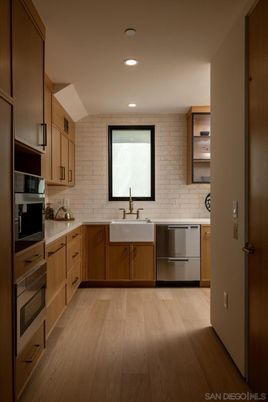 Interior, Kitchen, Recessed Lighting, Stainless Steel Appliances, Stone Walls, Wood Texture Flooring