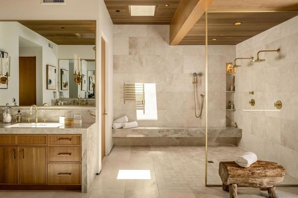 Bathroom, Glass Shower, Interior, Recessed Lighting, Wooden Beams, Wooden Ceilings