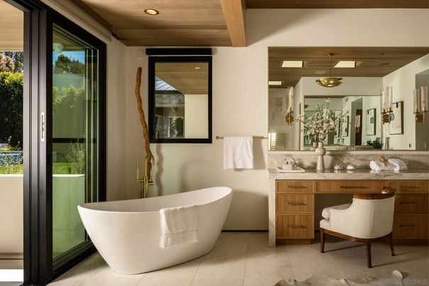 Bathroom, Dual Sink Vanities, Free Standing Baths, Interior, Pendant Lights, Recessed Lighting, Wooden Beams, Wooden Ceilings