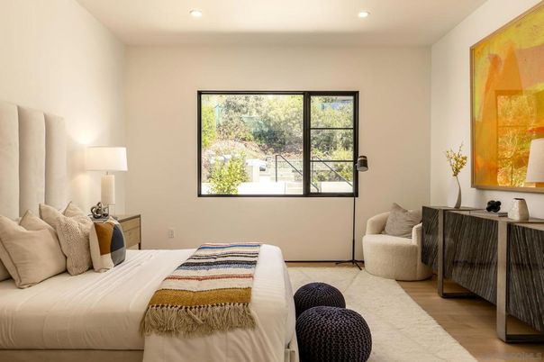 Bedroom, Interior, Recessed Lighting, Wood Texture Flooring