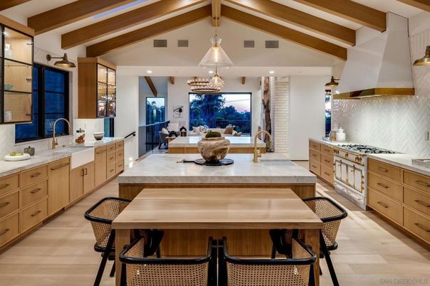 Interior, Kitchen, Pendant Lights, Recessed Lighting, Stainless Steel Appliances, Wooden Beams, Wood Texture Flooring