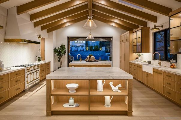 Interior, Kitchen, Pendant Lights, Stainless Steel Appliances, Wooden Beams, Wood Texture Flooring