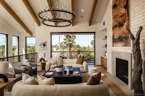 Chandelier, Fireplace, Interior, Living room, Recessed Lighting, Stone Walls, Wooden Beams, Wood Texture Flooring