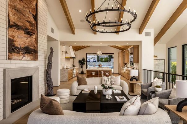 Chandelier, Dining room, Fireplace, Interior, Living room, Pendant Lights, Recessed Lighting, Stone Walls, Wooden Beams, Wood Texture Flooring