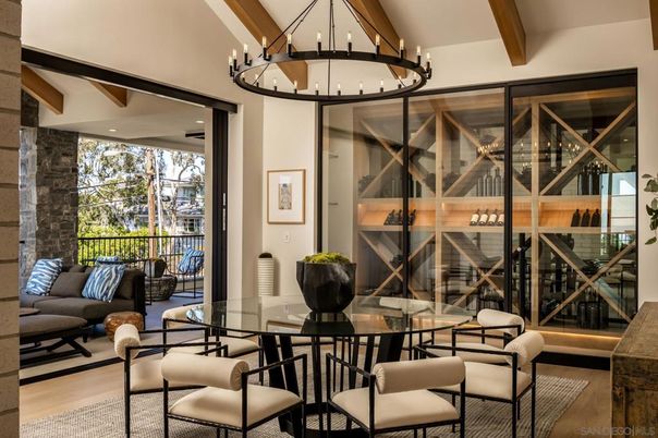 Chandelier, Dining room, Interior, Wooden Beams, Wood Texture Flooring