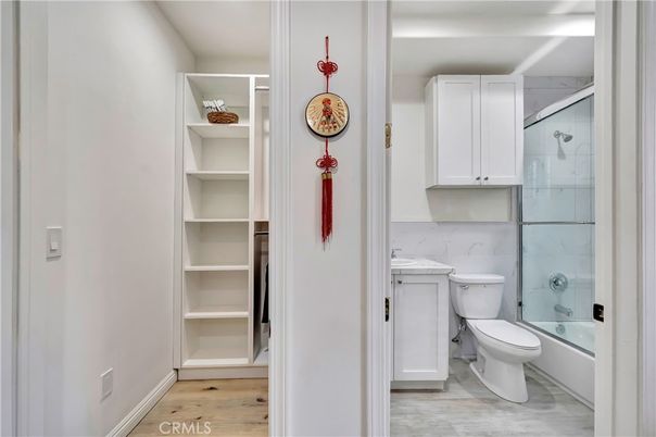Bathroom, Glass Shower, Interior, Wood Texture Flooring