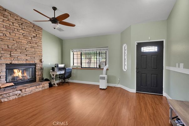 Fireplace, Home Office, Interior, Stone Walls, Wood Texture Flooring