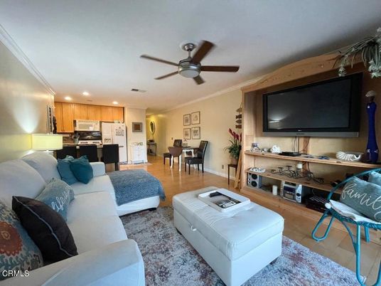 Dining room, Interior, Kitchen, Living room, Recessed Lighting, Stainless Steel Appliances, Wood Texture Flooring