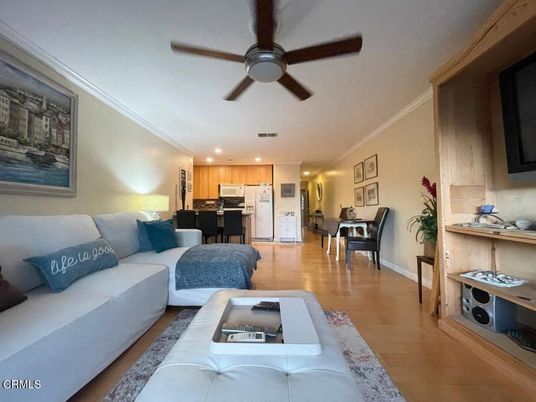 Dining room, Interior, Kitchen, Living room, Recessed Lighting, Stainless Steel Appliances, Wood Texture Flooring