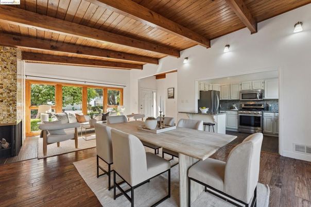 Dining room, Interior, Kitchen, Living room, Stainless Steel Appliances, Wooden Beams, Wooden Ceilings, Wood Texture Flooring