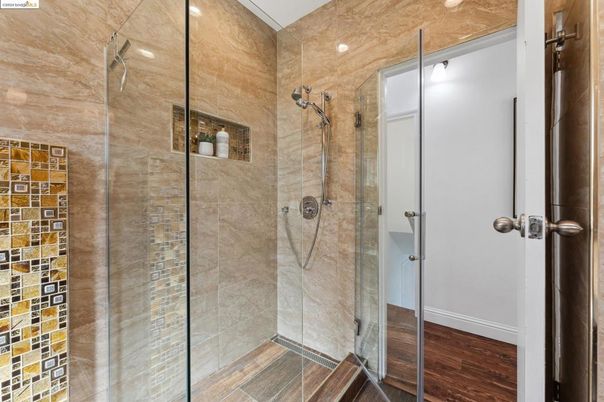 Bathroom, Glass Shower, Interior, Recessed Lighting, Wood Texture Flooring
