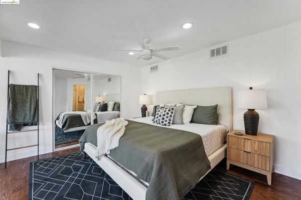 Bedroom, Interior, Recessed Lighting, Wood Texture Flooring
