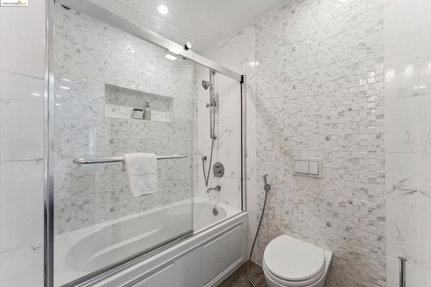 Bathroom, Glass Shower, Interior, Marble Walls, Recessed Lighting