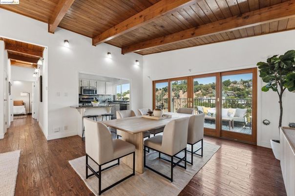 Dining room, Interior, Kitchen, Stainless Steel Appliances, Wooden Beams, Wooden Ceilings, Wood Texture Flooring