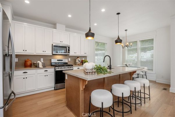Interior, Kitchen, Pendant Lights, Recessed Lighting, Stainless Steel Appliances, Wood Texture Flooring
