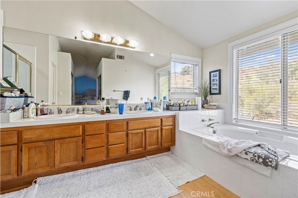 Bathroom, Dual Sink Vanities, Interior, Tile Countertops, Wood Texture Flooring
