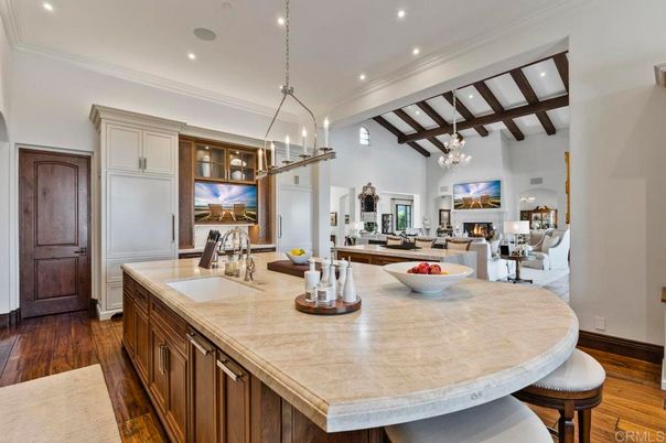 Dining room, Fireplace, Interior, Kitchen, Living room, Pendant Lights, Recessed Lighting, Wooden Beams, Wood Texture Flooring