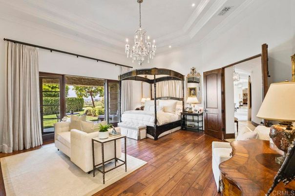 Bedroom, Chandelier, Interior, Recessed Lighting, Wood Texture Flooring