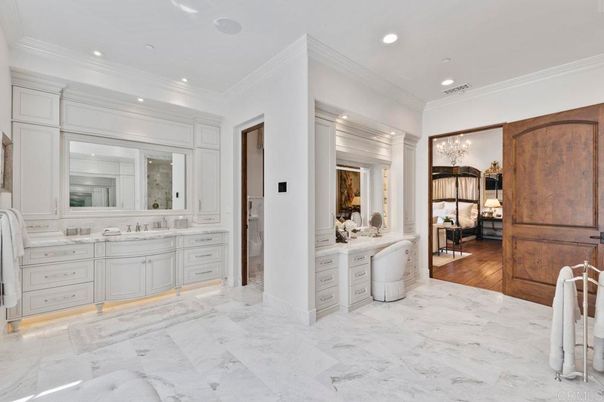 Bathroom, Dual Sink Vanities, Interior, Marble, Recessed Lighting, Wood Texture Flooring
