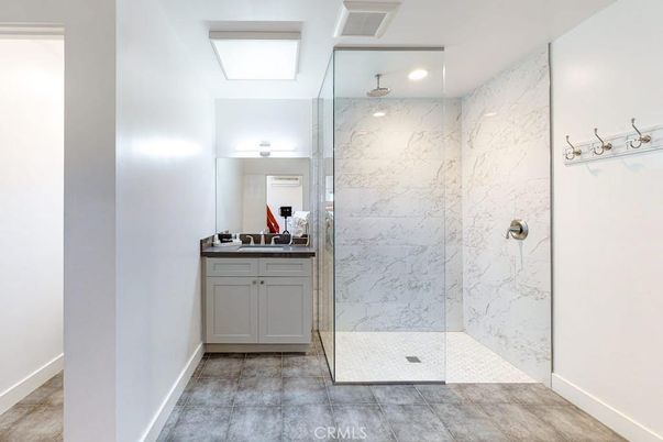 Bathroom, Glass Shower, Interior, Marble Walls, Recessed Lighting
