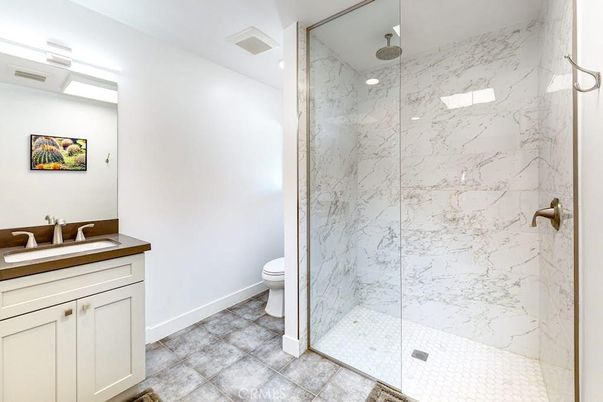 Bathroom, Glass Shower, Interior, Marble Walls, Recessed Lighting