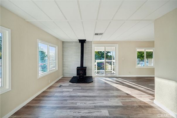 Empty room, Fireplace, Interior, Stone Walls, Wood Texture Flooring