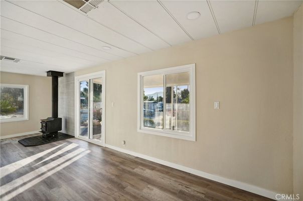 Empty room, Fireplace, Interior, Recessed Lighting, Wood Texture Flooring