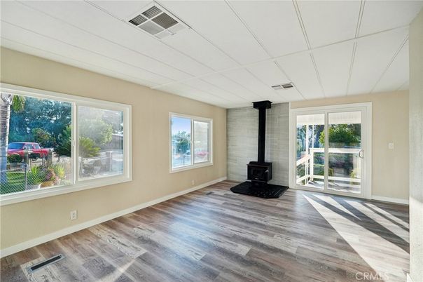 Empty room, Fireplace, Interior, Stone Walls, Wood Texture Flooring