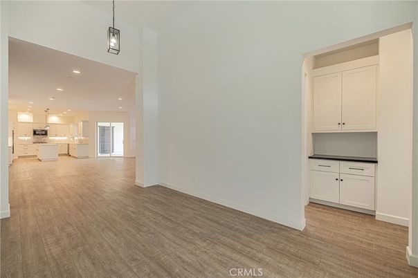 Empty room, Interior, Kitchen, Pendant Lights, Recessed Lighting, Wood Texture Flooring