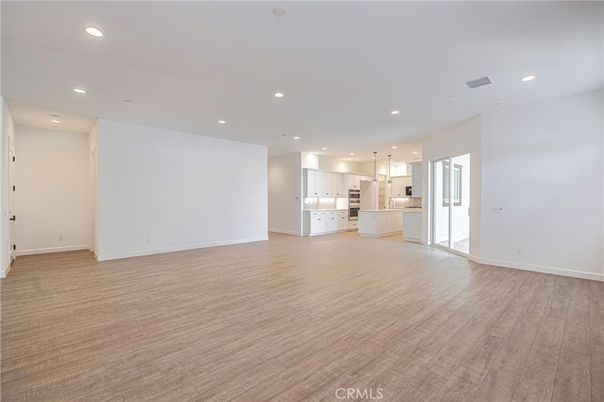 Empty room, Interior, Kitchen, Pendant Lights, Recessed Lighting, Wood Texture Flooring