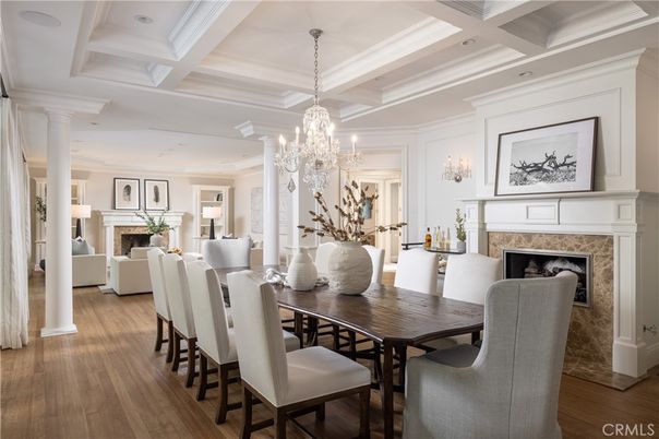 Chandelier, Dining room, Fireplace, Interior, Living room, Recessed Lighting, Wood Texture Flooring