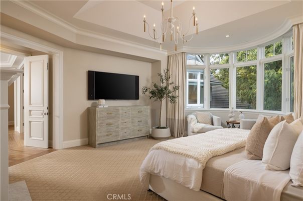 Bedroom, Chandelier, Interior, Recessed Lighting, Wood Texture Flooring