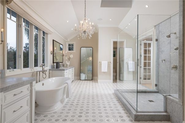 Bathroom, Chandelier, Dual Sink Vanities, Free Standing Baths, Glass Shower, Interior, Recessed Lighting