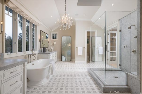 Bathroom, Chandelier, Dual Sink Vanities, Free Standing Baths, Glass Shower, Interior, Recessed Lighting