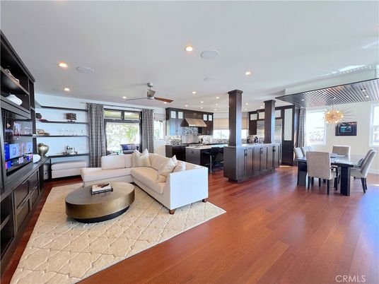 Chandelier, Dining room, Interior, Kitchen, Living room, Pendant Lights, Recessed Lighting, Wood Texture Flooring