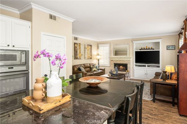Dining room, Fireplace, Interior, Living room, Wood Texture Flooring