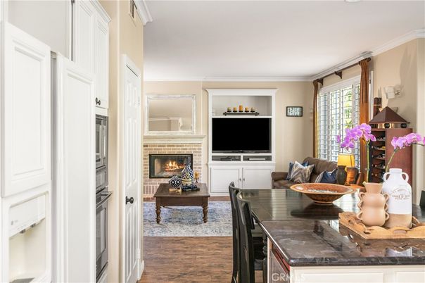 Dining room, Fireplace, Interior, Living room, Wood Texture Flooring