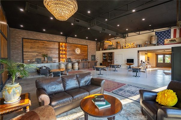 Chandelier, Interior, Living room, Recessed Lighting, Stone Walls, Wooden Walls