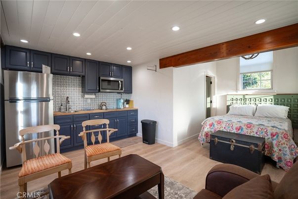 Bedroom, Interior, Kitchen, Recessed Lighting, Stainless Steel Appliances, Wooden Beams, Wood Texture Flooring