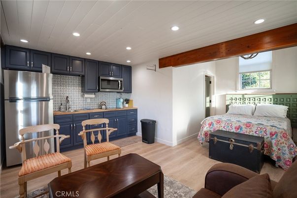 Bedroom, Interior, Kitchen, Recessed Lighting, Stainless Steel Appliances, Wooden Beams, Wood Texture Flooring