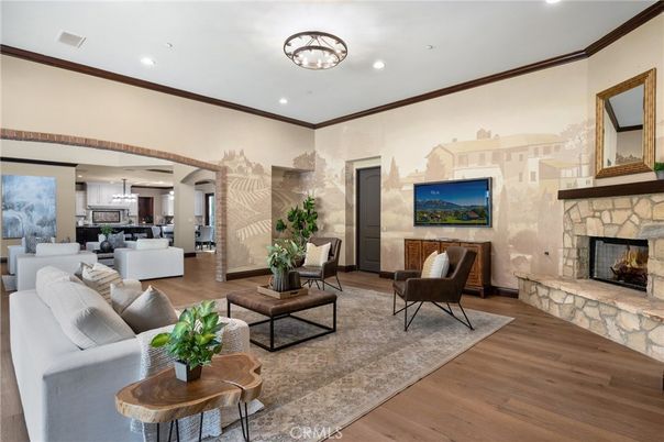 Dining room, Fireplace, Interior, Kitchen, Living room, Pendant Lights, Recessed Lighting, Wood Texture Flooring
