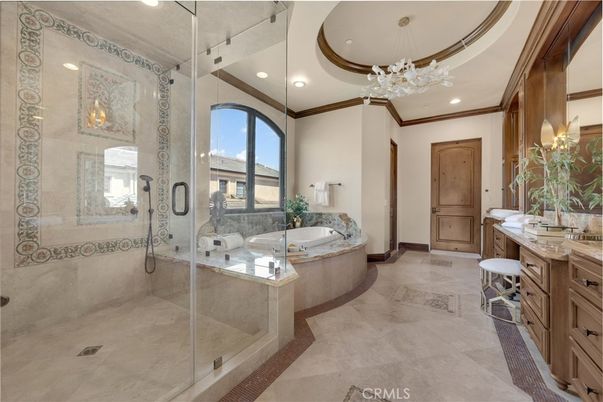 Bathroom, Chandelier, Glass Shower, Interior, Recessed Lighting