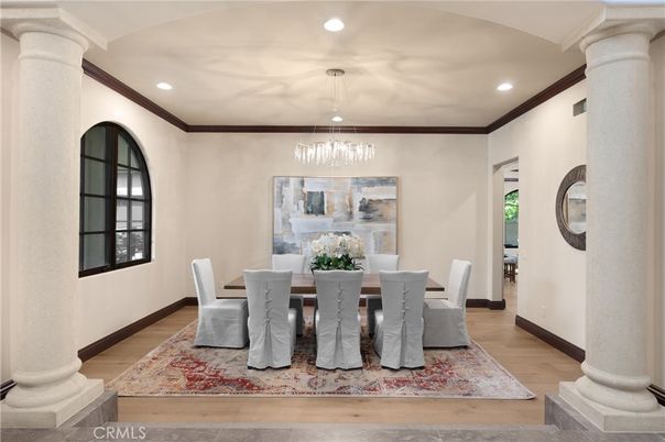 Dining room, Interior, Pendant Lights, Recessed Lighting, Wood Texture Flooring